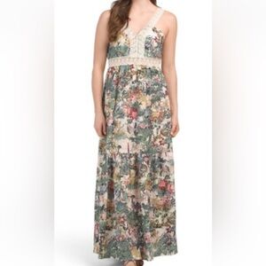 Saiph Floral Lace Trim‎ Tiered Maxi Dress Women's L Linen Cotton Blend NWT